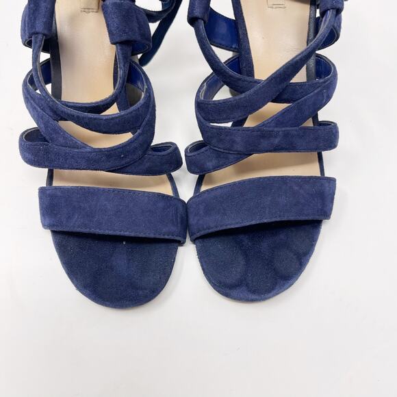 Aldo Womens 6.5 Navy Blue Lace Up Suede Heels 4" Round Wood Heels Open Toes - Picture 8 of 16